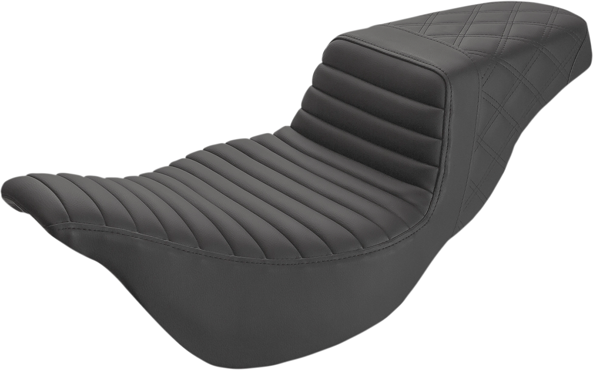 Black SADDLEMEN Step-Up Seat with front tuck-n-roll and rear lattice stitch for Harley FL models 2008-2023, by Bill's Exhausts