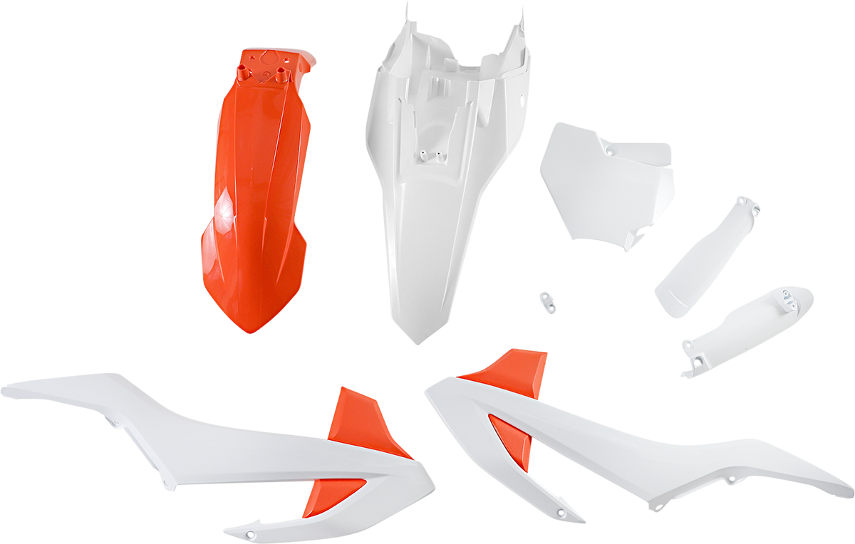 Acerbis OEM orange and white full replacement body kit for motorcycles, showcasing the sleek design and fitment details.
