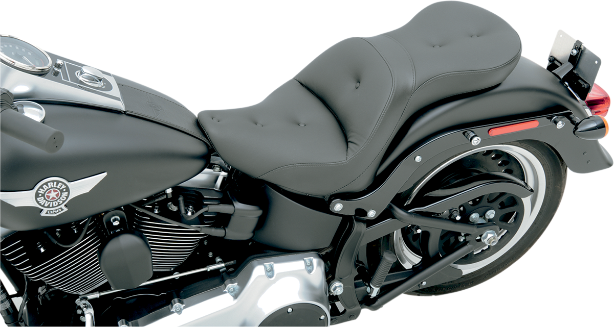 Bill's Exhausts SADDLEMEN Explorer Road Sofa Seat for FXST motorcycle, black leather seat with sleek ergonomic design.