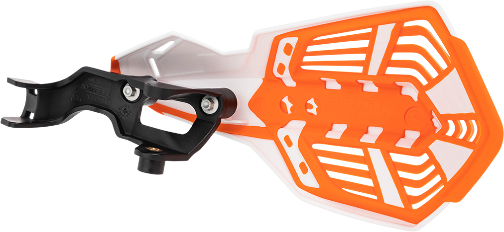 A pair of ACERBIS K-Future white and orange handguards for motorcycle handlebars, designed for protection and style.