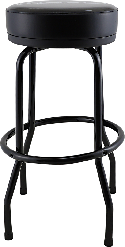 Black ICON Barstool from Bill's Exhausts with logo, featuring a sleek modern design and sturdy construction.