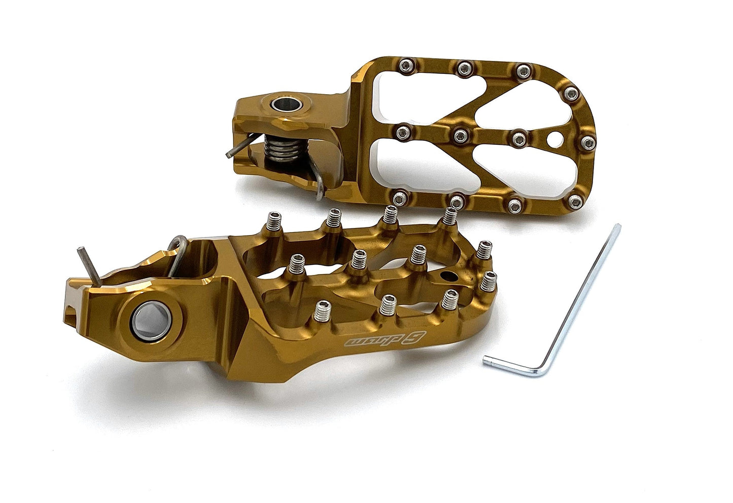 Warp9Racing Stark Varg Elite foot pegs for motorcycle, showing durable metal construction and mounting hardware.
