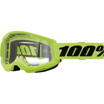 Bill's Exhausts 100% Strata 2 Junior goggles in neon yellow with clear lenses, designed for active sports and outdoor use.