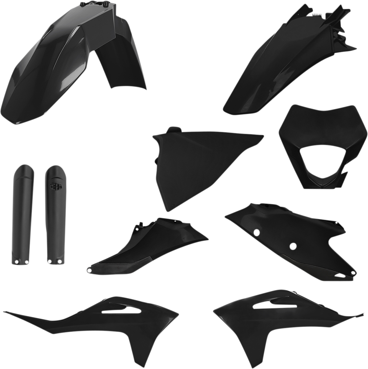 A black Acerbis full replacement body kit for motorcycles, shown assembled with smooth, sleek panels and detailed design.