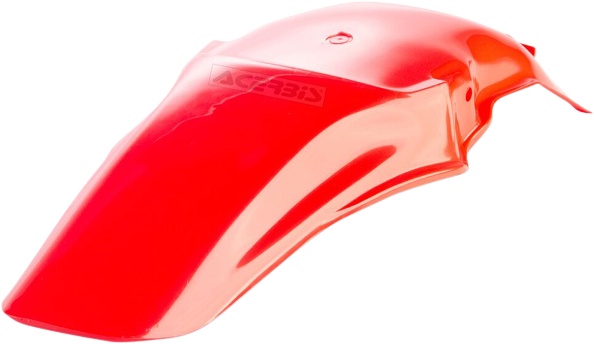 A red ACERBIS rear fender for motorcycle, designed for durability and style, with a smooth body fit and mounting points visible.