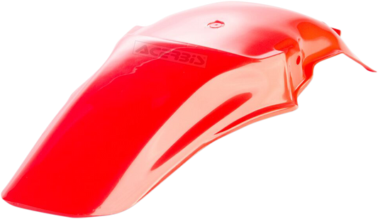 A red ACERBIS rear fender for motorcycle, designed for durability and style, with a smooth body fit and mounting points visible.