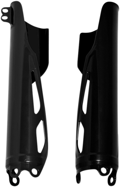 Acerbis black lower fork covers for motorcycle suspension, shown on a body component with detailed black plastic design.