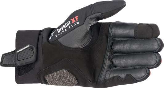 Alpinestars Hyde XT DrystarXF® motorcycle gloves in black and bright red, medium size, with protective knuckles and adjustable wrist strap.