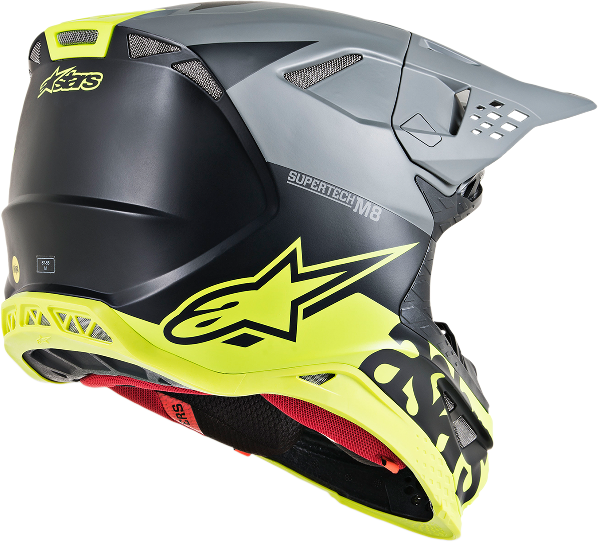 Alpinestars Supertech M8 helmet in matte black, mid gray, and yellow fluo with MIPS technology, size XL, shown from side angle.
