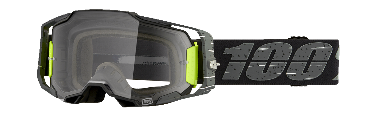 Bill's Exhausts 100% Armega Goggles Antibia Clear lens for eye protection, featuring a sleek design and adjustable strap.