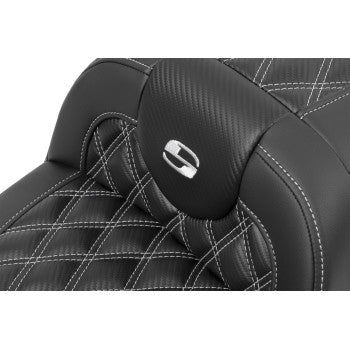 SADDLEMEN RoadSofa™ motorcycle seat by Bill's Exhausts, carbon fiber with lattice and silver stitching, without backrest.