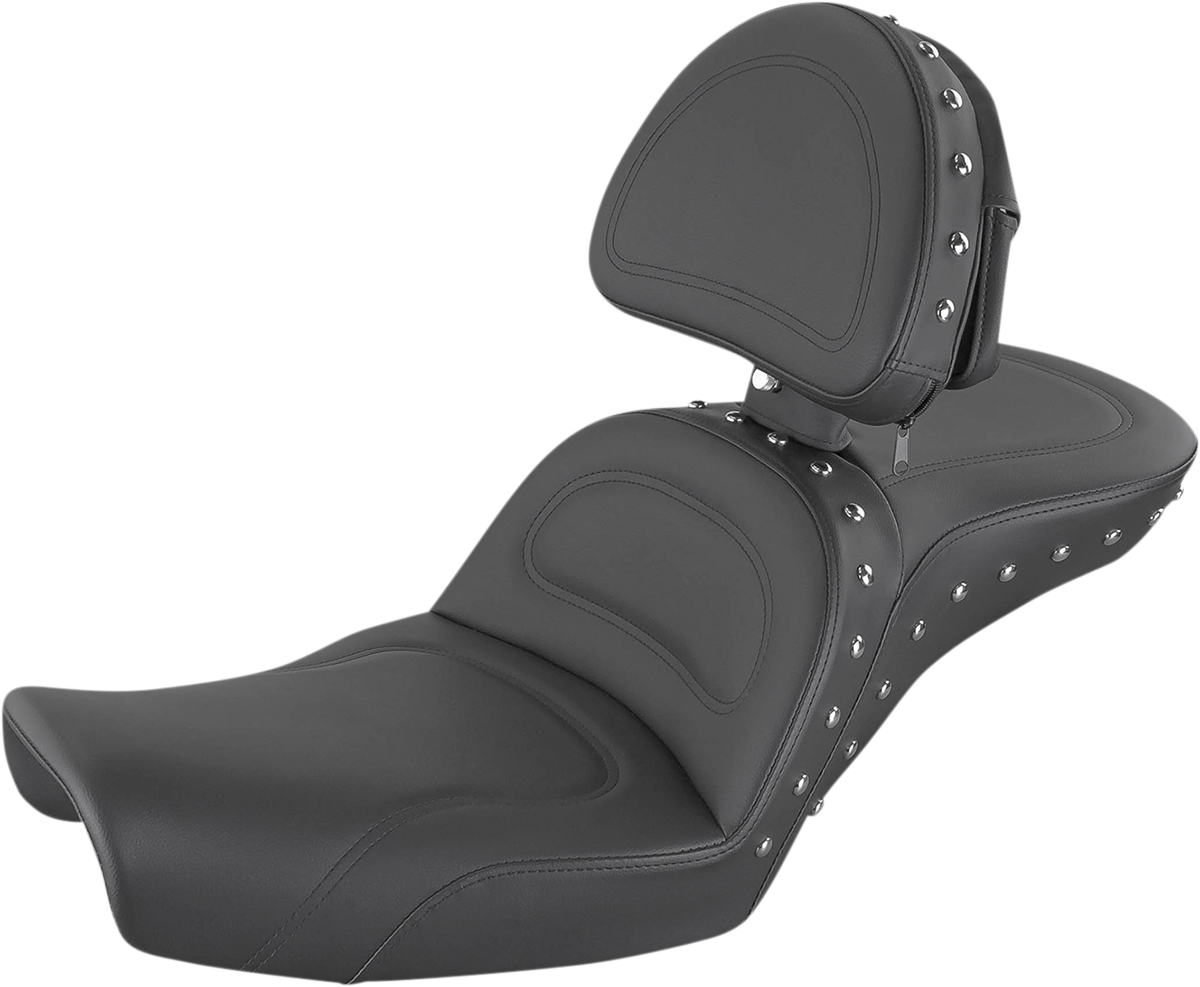 Bill's Exhausts SADDLEMEN Explorer Special Seat with backrest, featuring a comfortable, contoured motorcycle seat design.