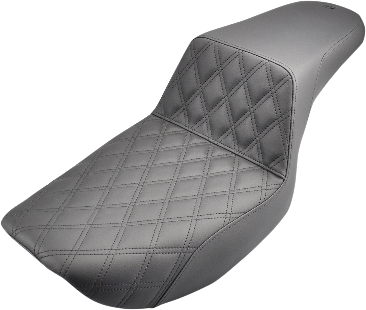 Black SADDLEMEN Step-Up Seat with front lattice stitch for FXR motorcycles, featuring durable design and detailed stitching.