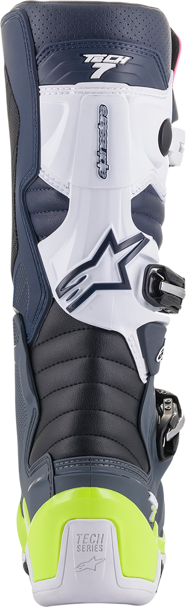Alpinestars Tech 7 motorcycle boots in black, pink, white, and yellow, US size 8, featuring durable design and protective features.