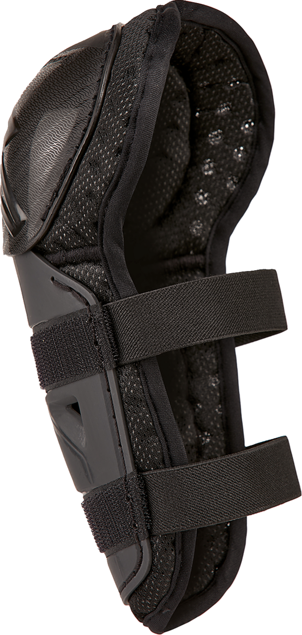 Alpinestars Youth Bionic Action Kickstart knee guards in black and red, designed for protection during motocross or off-road riding.