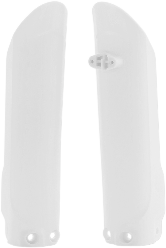 White Acerbis lower fork covers for inverted motorcycle forks, designed to protect and enhance the front suspension.