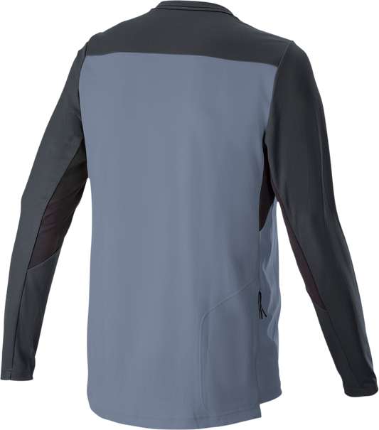 Alpinestars Drop 6.0 V2 long-sleeve motorcycle jersey in black and gray, medium size, featuring breathable fabric and branding.