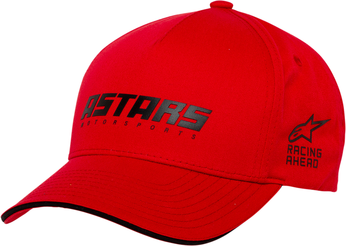 Red ALPINESTARS Tension Hat, one size, with adjustable strap and logo, displayed on a plain background.