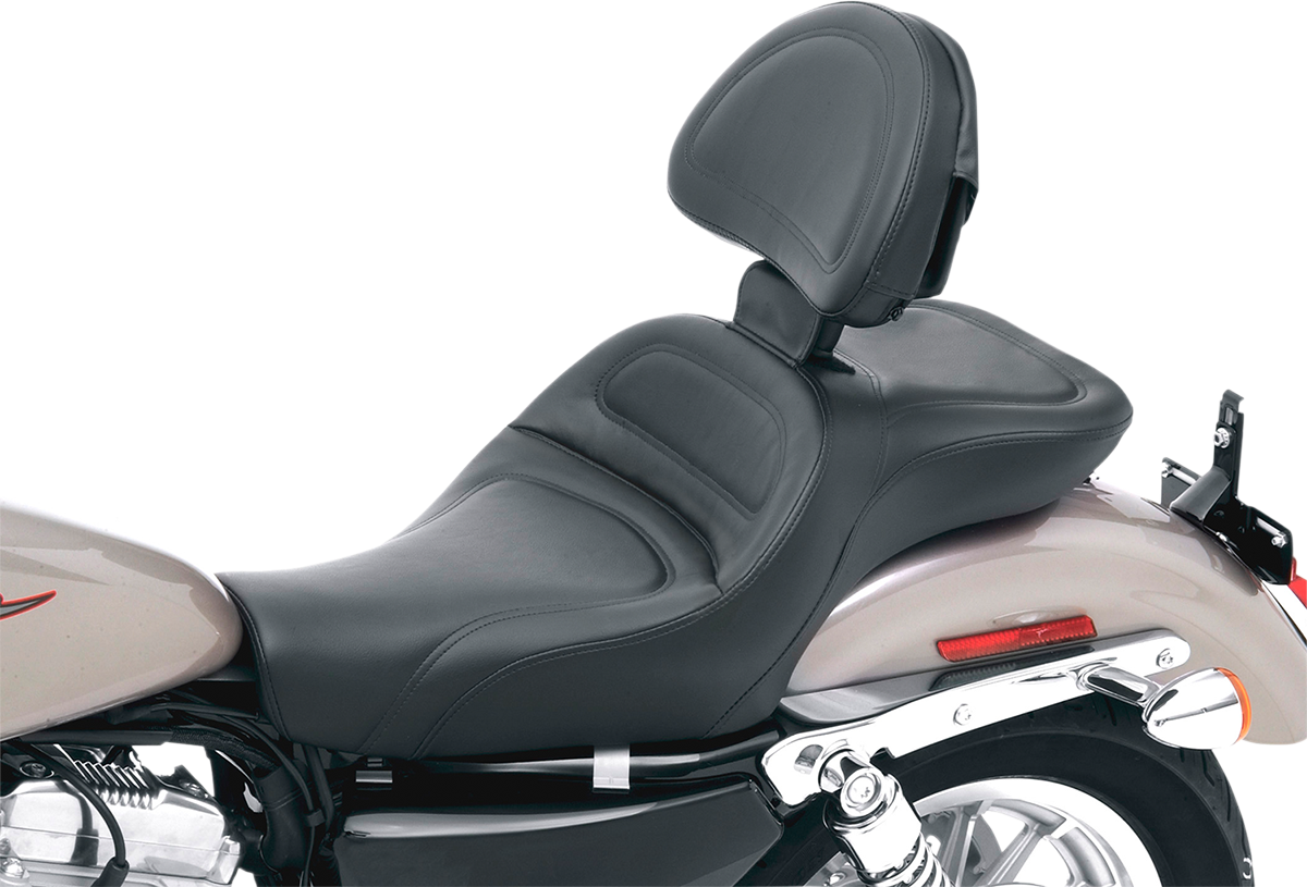 Black SADDLEMEN Explorer seat with stitched design and backrest for XLC '04+ bikes, suitable for Bill's Exhausts motorcycles.