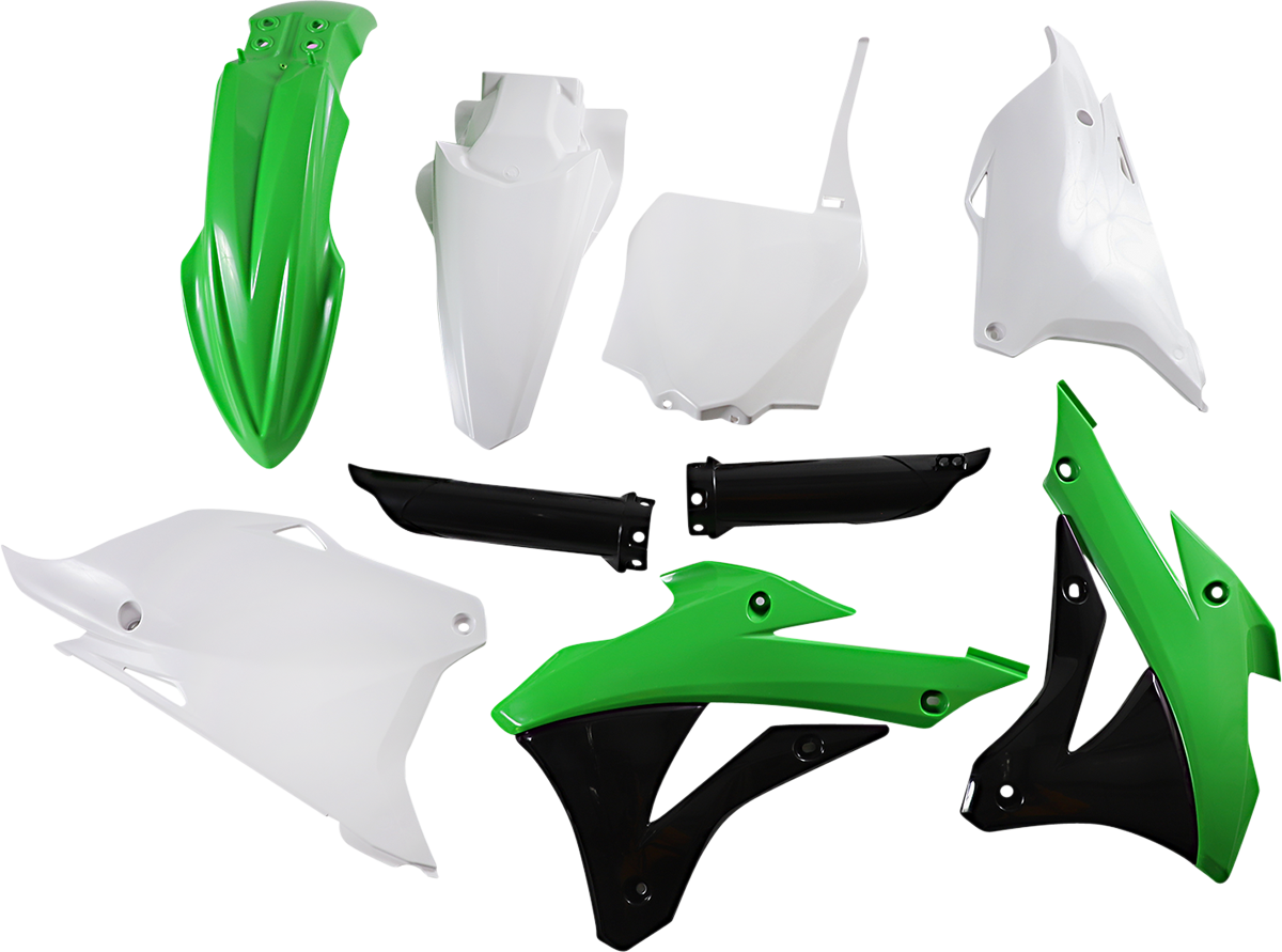 Acerbis full replacement body kit in OEM green, black, and white for motorcycle, featuring streamlined body panels and design.