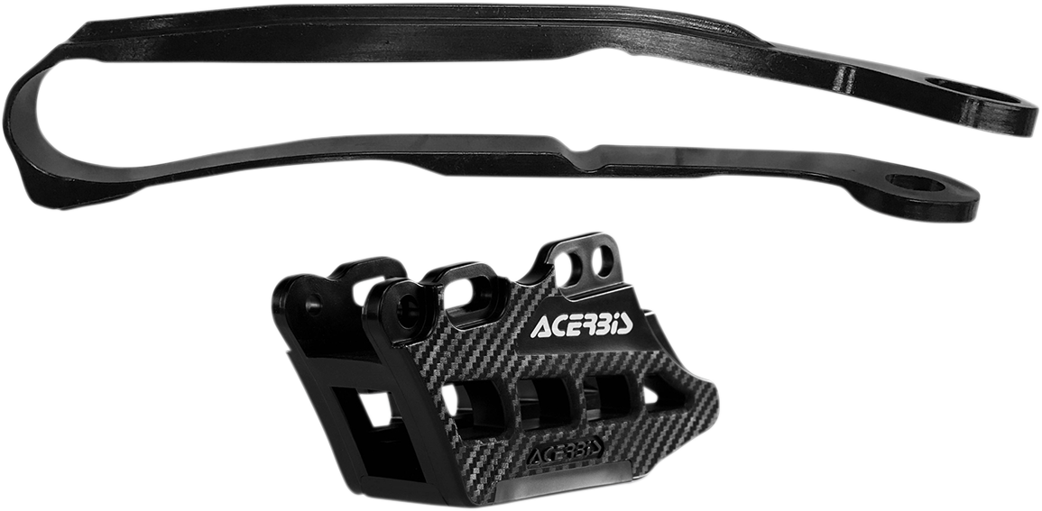 Black Acerbis Chain Guide 2.0 and Slider Kit installed on Kawasaki KX250F and KX450F motorcycle for drivetrain protection.