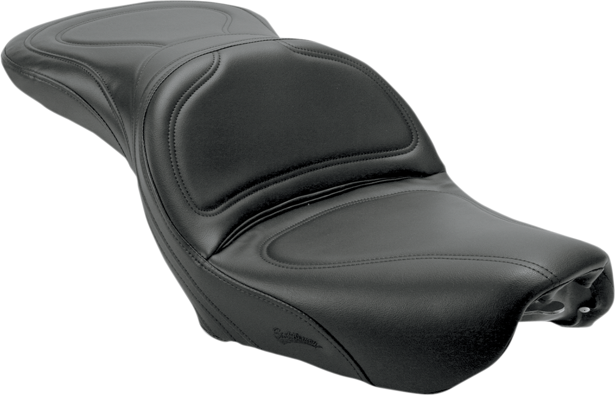 Black SADDLEMEN Explorer motorcycle seat without backrest, stitched design for Harley FXDWG 2004-2005, by Bill's Exhausts.