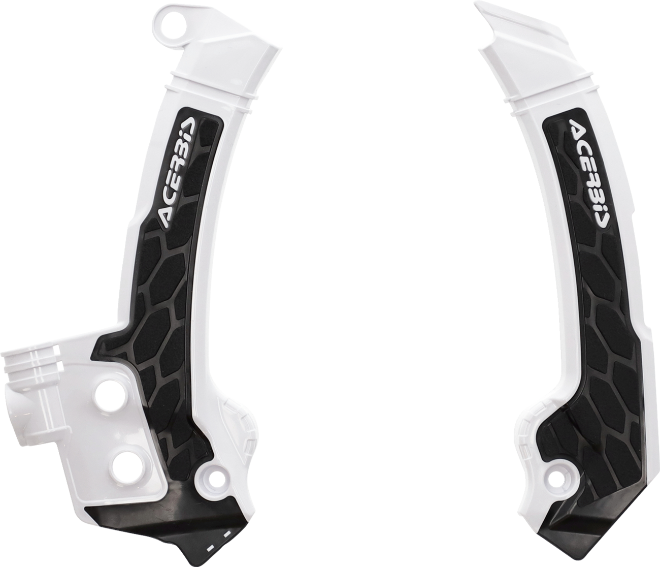 Acerbis X-Grip motorcycle frame guards in black and white mounted on a bike frame, providing protection and style.