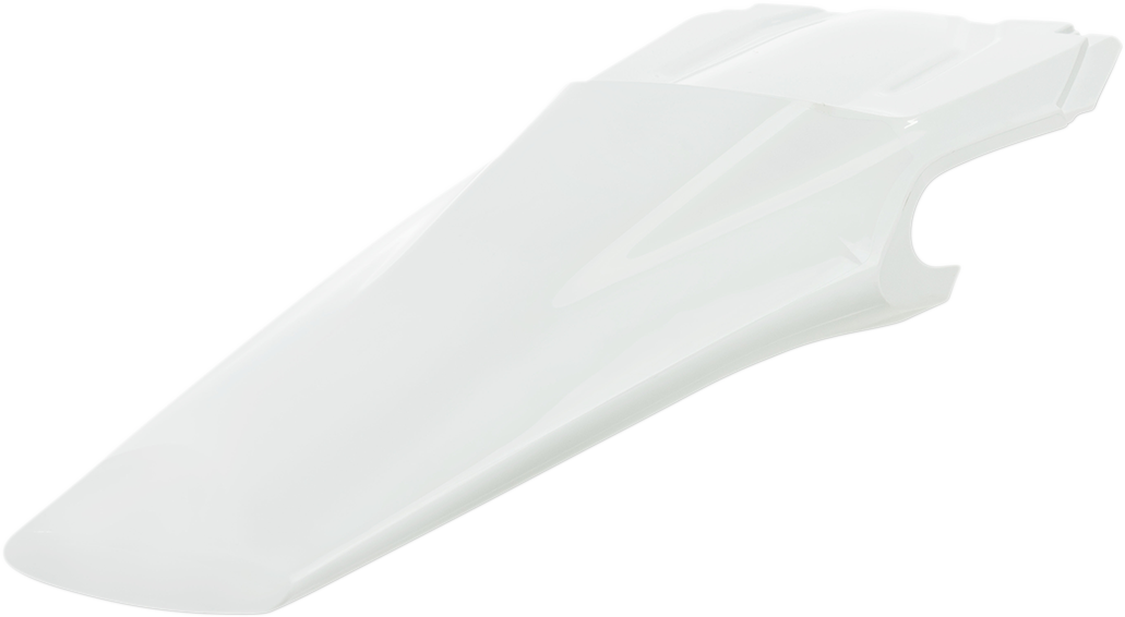 A white Acerbis rear fender for motorcycle, featuring a sleek body design, mounted on a bike with visible mounting points.