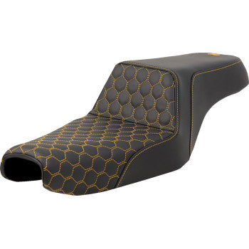 SADDLEMEN Step-Up Seat for Sportster 2004-2022, honeycomb design with gold stitching, fits 3.3-gallon tank, by Bill's Exhausts