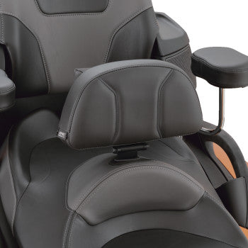 Black SHOW CHROME Grande Backrest for Can-Am Spyder RT (2010-2019), featuring durable design and comfortable support.