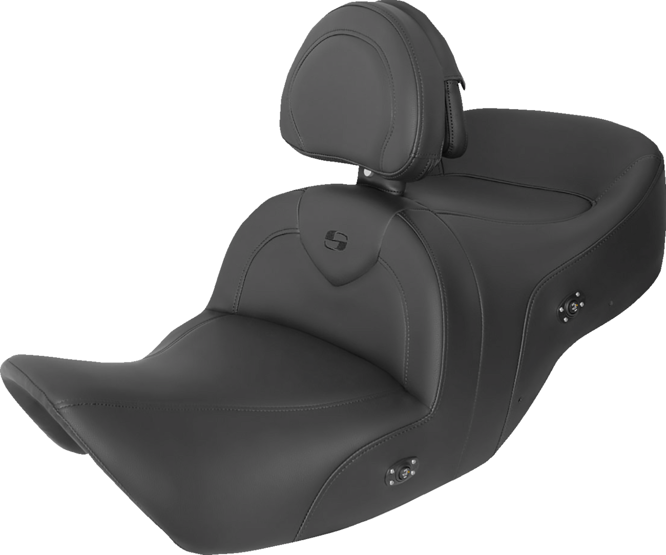Black SADDLEMEN RoadSofa heated motorcycle seat with backrest and black stitching for GL1800 models 2001-2010.