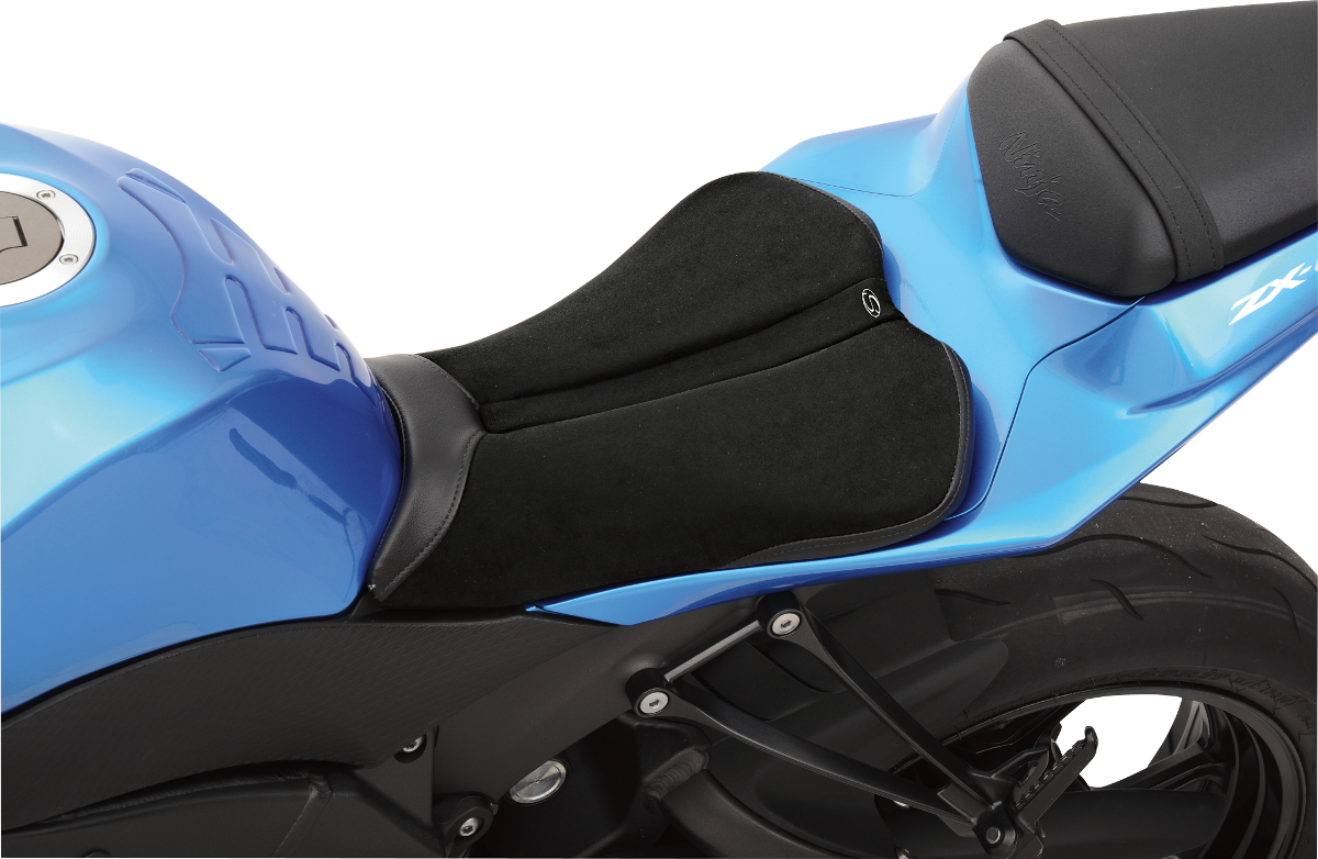 Black Saddlemens Gel Channel Sport Seat for ZX 6/10 motorcycle, designed for enhanced comfort and sport riding performance.