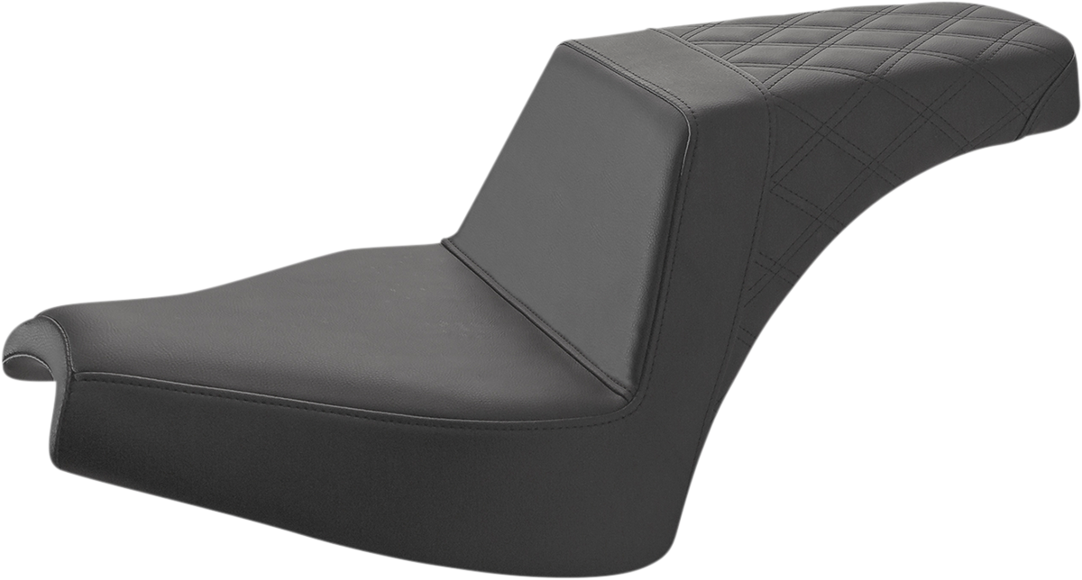 Black SADDLEMEN Step Up Seat for Chief motorcycle, front smooth and rear lattice design, by Bill's Exhausts.