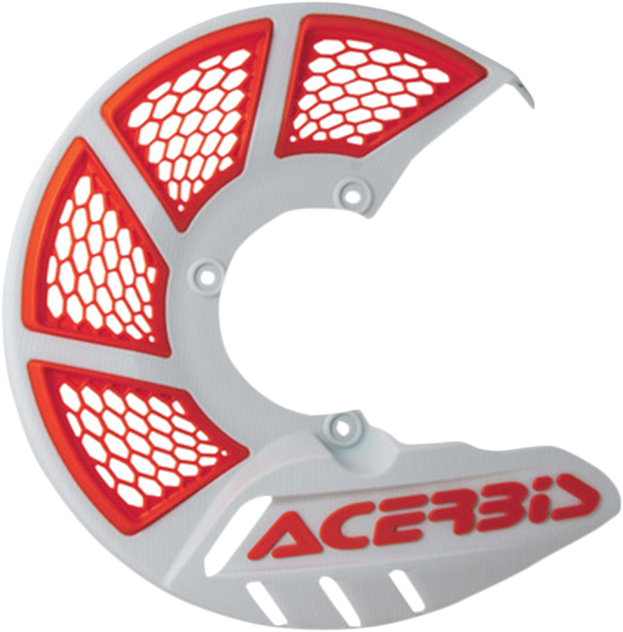 A white and orange ACERBIS X-Brake disc cover designed for motorcycle protection, featuring sleek body styling and branding.