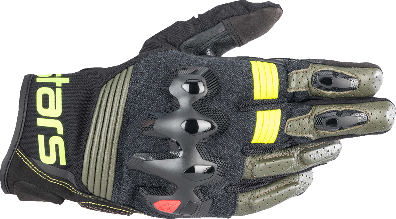 Alpinestars Halo gloves in forest black and fluo yellow, small size, featuring reinforced knuckles and breathable fabric.