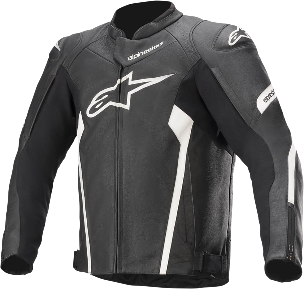 Black and white ALPINESTARS Faster v2 leather motorcycle jacket, US 46 / EU 56, shown on a hanger, with sleek design details.