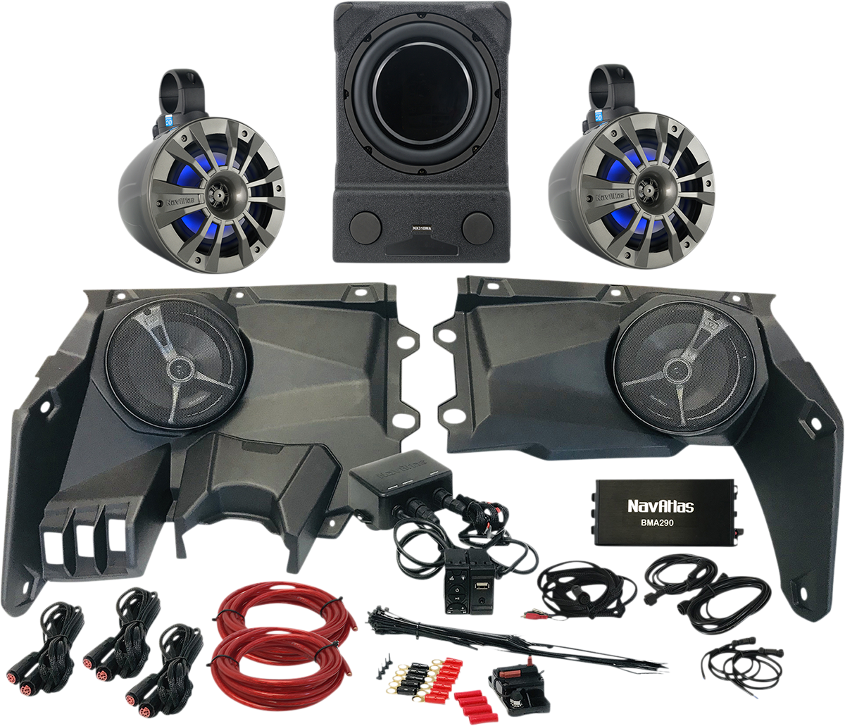 Bill's Exhausts NAVATLAS Zone 4 X3 X36ZONE4 speakers, compact audio kit with black speaker cones and mounting brackets.