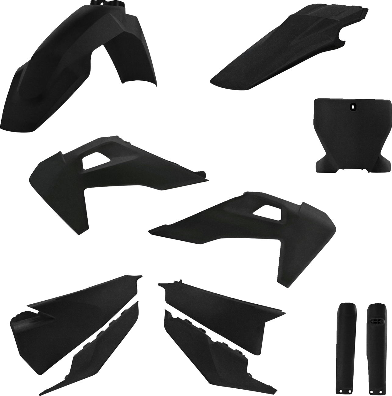 Acerbis black and metallic full replacement body kit for motorcycle, showing sleek, durable plastic panels and design details.