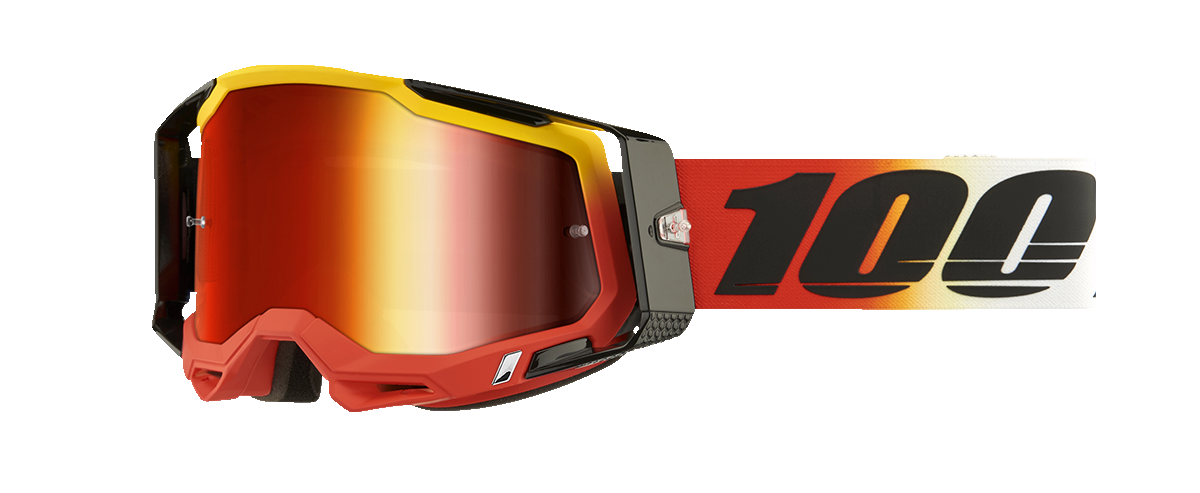 Bill's Exhausts Racecraft 2 goggles with red mirror lenses, featuring sleek design and adjustable strap for racing and outdoor sports.