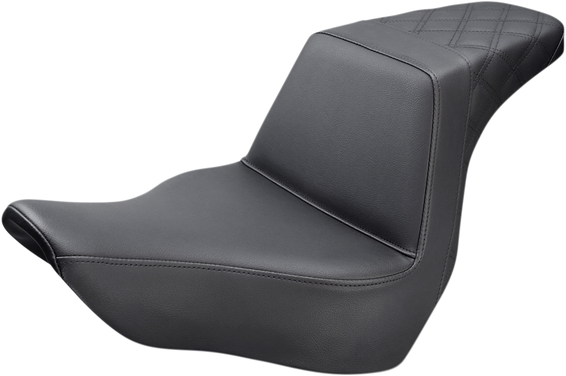 Black SADDLEMEN Step-Up Seat with rear lattice stitch for motorcycle, designed for Bill's Exhausts.