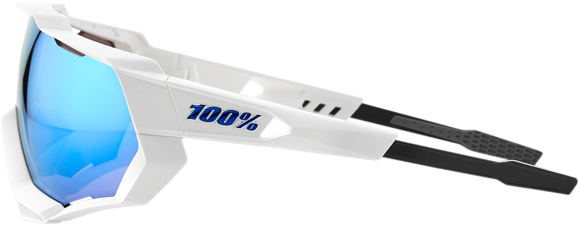 Bill's Exhausts Speedtrap Sunglasses in white with blue mirror lenses, showcasing sleek frame and reflective lenses.