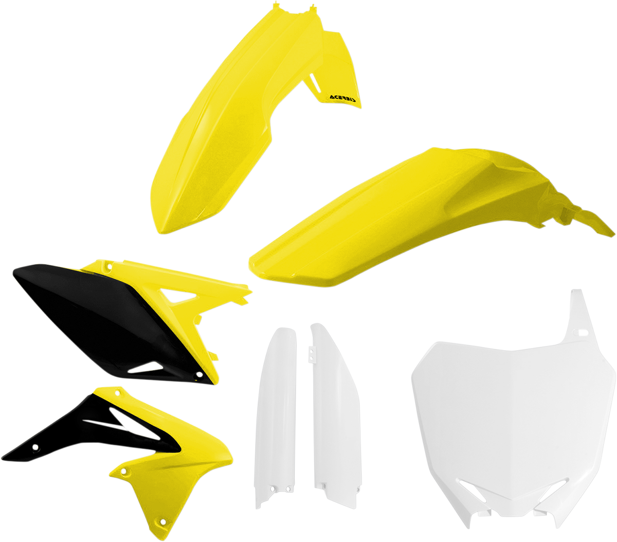 Acerbis full replacement body kit in yellow, white, and black for OEM '14 motorcycle, featuring streamlined body panels.