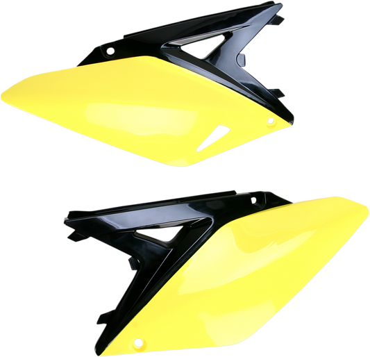 A pair of black and yellow Acerbis side panels for motorcycle body customization, designed by Bill's Exhausts.