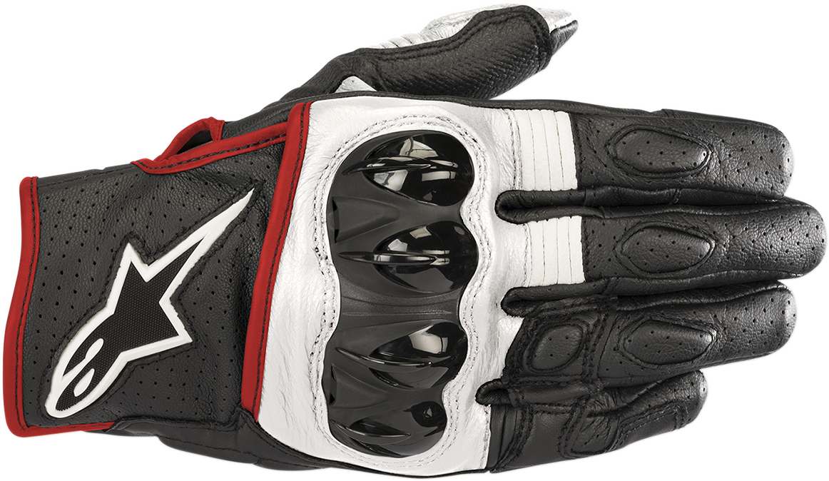 Alpinestars Celer V2 motorcycle gloves in black, white, and fluo red, size large, featuring protective knuckles and ergonomic design.