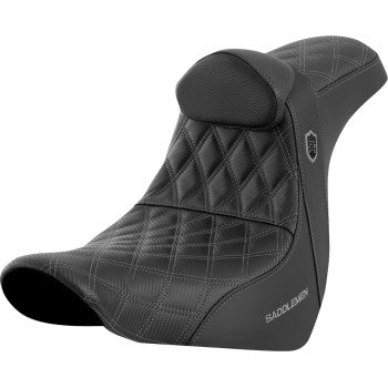 Gray SADDLEMEN Pro Series SDC performance motorcycle seat with backrest for FL/FX 2018-2023, featuring gray stitching.
