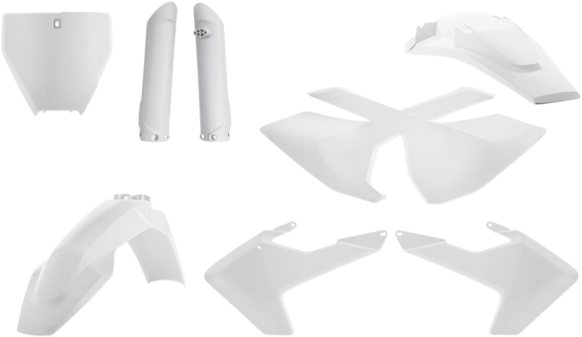 A white Acerbis full replacement body kit for motorcycles, designed for a sleek, aerodynamic look.