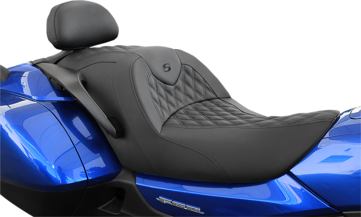Black Saddlemens Roadsofa seat with full lattice stitch, no backrest, designed for motorcycle comfort, branded by Bill's Exhausts.