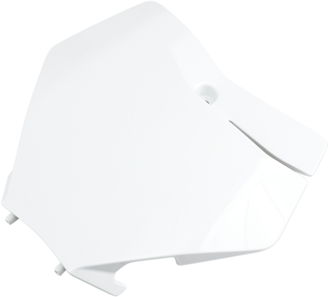 Acerbis white front number plate for motocross bikes, featuring the Acerbis logo and mounting holes for easy installation.