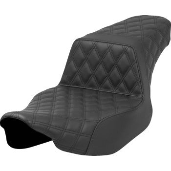 Black SADDLEMEN Step-Up Seat with front and rear lattice stitch for Road Glide and Street Glide motorcycles, designed by Bill's Exhausts.