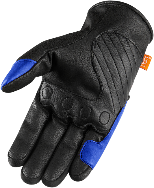 Blue ICON Contra2™ gloves in small size, designed for motorcycle riding, featuring protective padding and a secure fit.